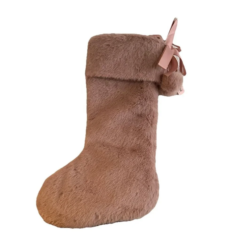 New VICTORIA'S SECRET Faux Fur Blush Pink Christmas Stocking Gold VS Bow Accents
